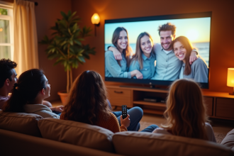 Salon convivial avec groupe regardant une télévision