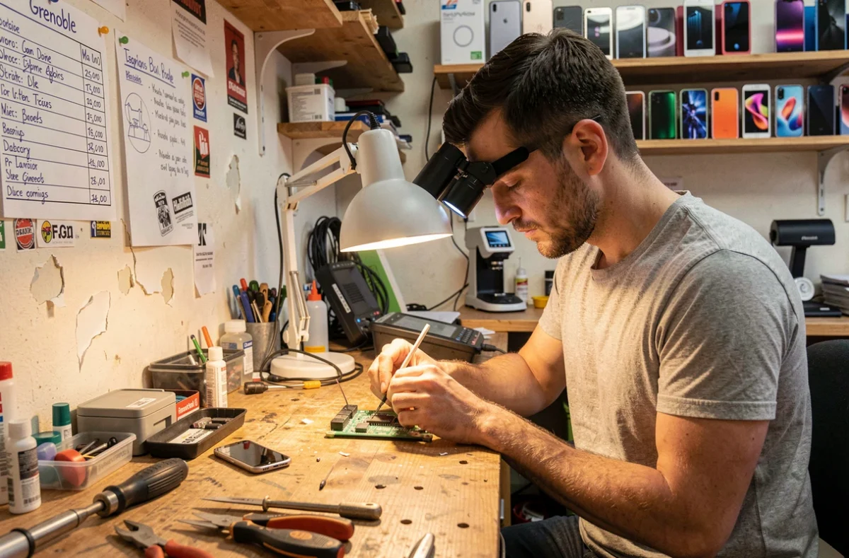 Réparateur indépendant sam à Grenoble soudant un composant électronique sur la carte d'un smartphone dans son atelier