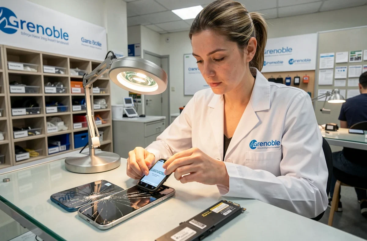 Technicienne Save Grenoble remplaçant l'écran d'un smartphone avec une nouvelle batterie posée à côté sur le plan de travail