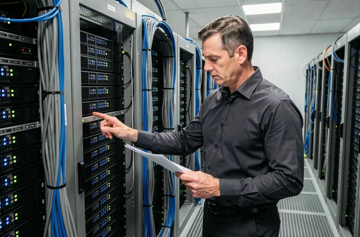 Technicien SDMI 2.0 réalisant la maintenance d'un rack de serveurs dans une salle informatique professionnelle