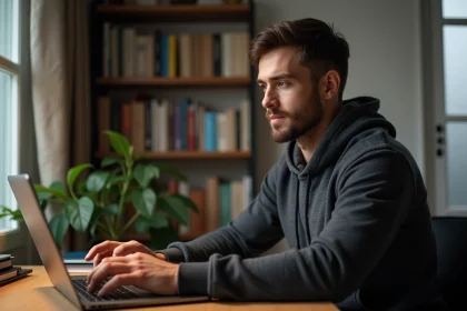 Homme utilisant discrètement un ordinateur portable dans un bureau à domicile sécurisé et privé