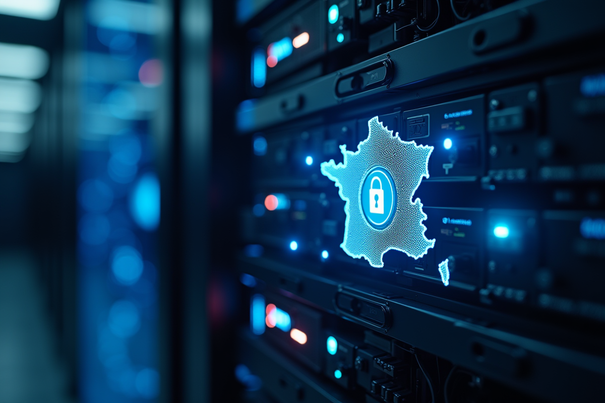 Serveur sécurisé avec hologramme de cadenas et carte de France