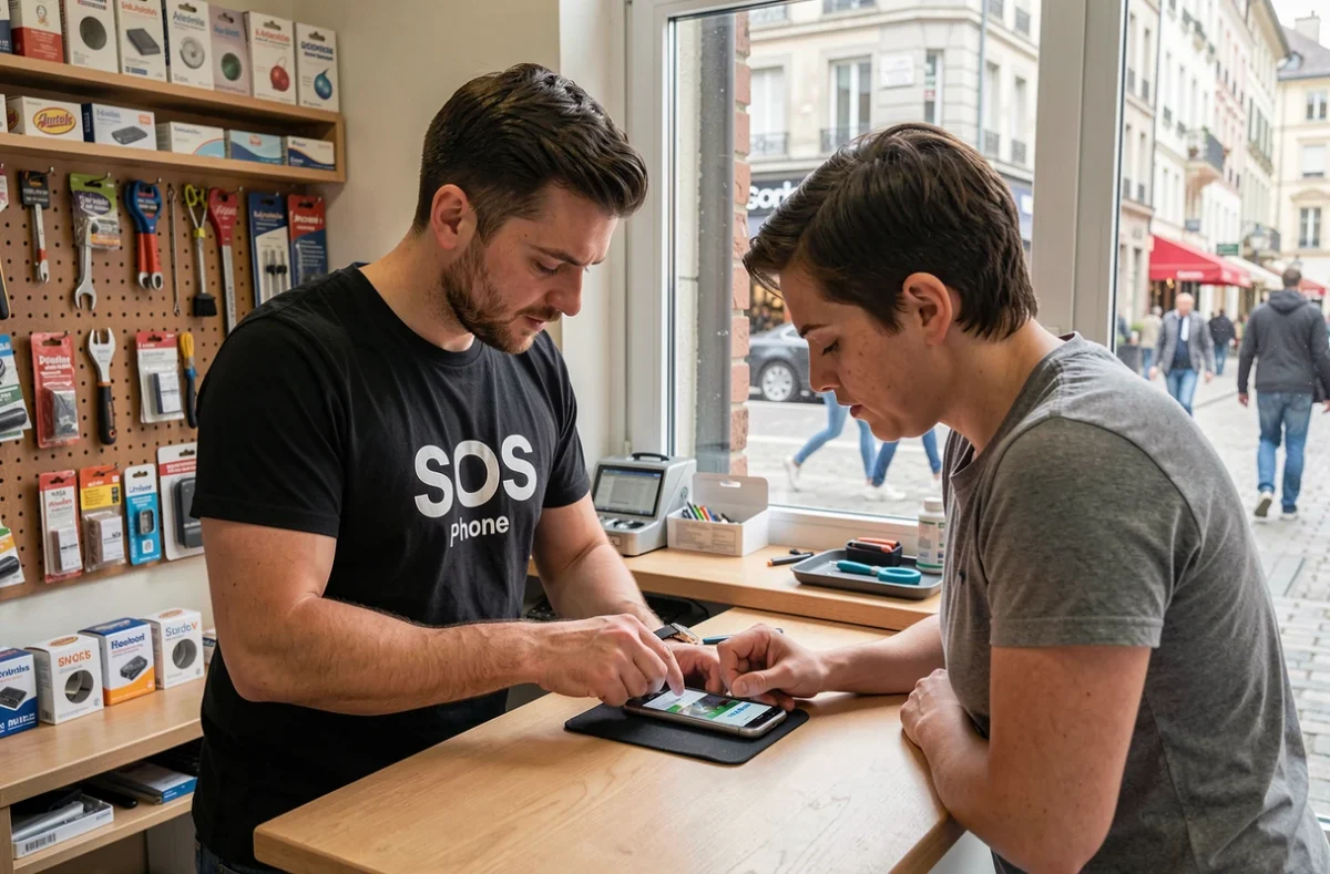 Technicien SOS Phone Grenoble diagnostiquant rapidement le téléphone portable d'un client dans une boutique de dépannage en centre-ville