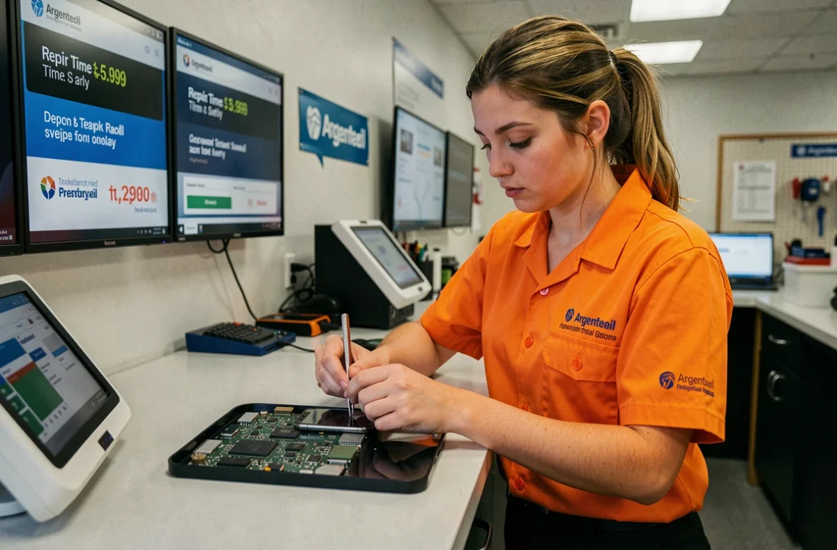 Technicienne SPEEDFIX à Argenteuil réparant une carte mère de smartphone derrière un comptoir moderne avec affichage des délais de réparation