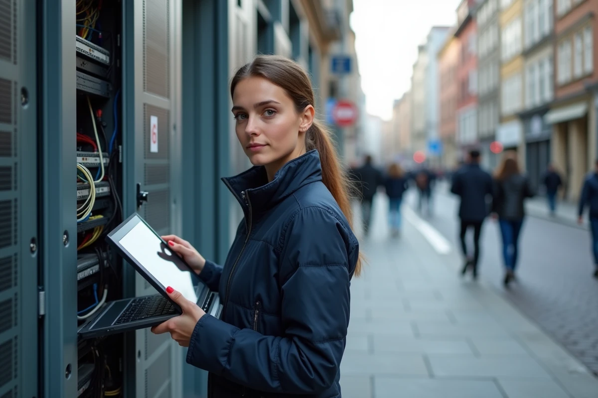 Femme ingénieure réseau vérifiant câbles dans un cabinet en ville