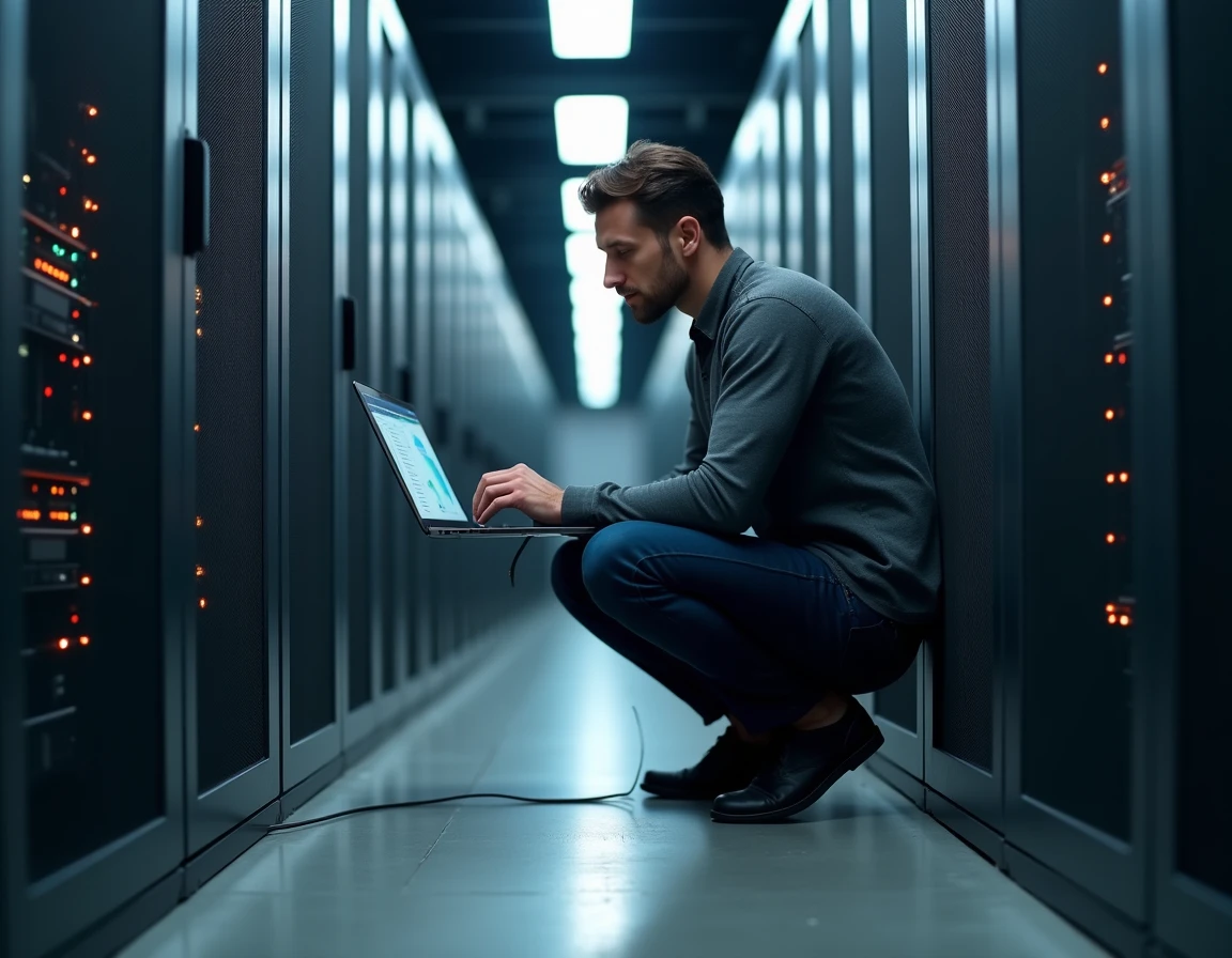 Technicien informatique configurant un transfert de données professionnel intensif dans une salle serveurs