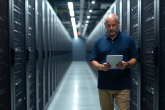 Technicien informatique dans un centre de données moderne