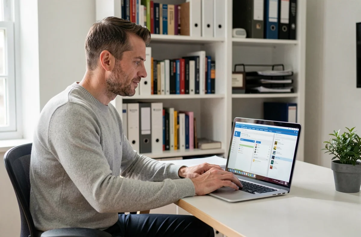 Homme en télétravail consultant deux interfaces de messagerie professionnelle sur un ordinateur portable depuis son bureau à domicile