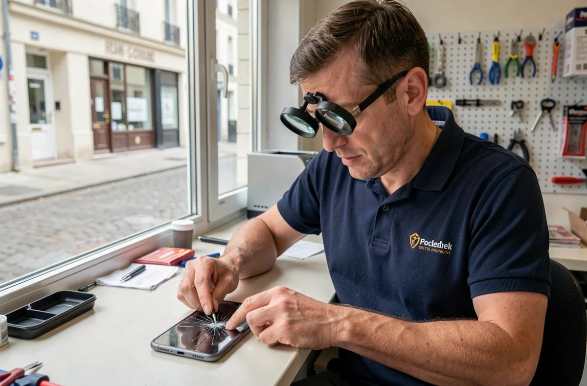 Technicien de Thum Repare à Conflans-Sainte-Honorine remplaçant l'écran fissuré d'un smartphone sur son comptoir de réparation