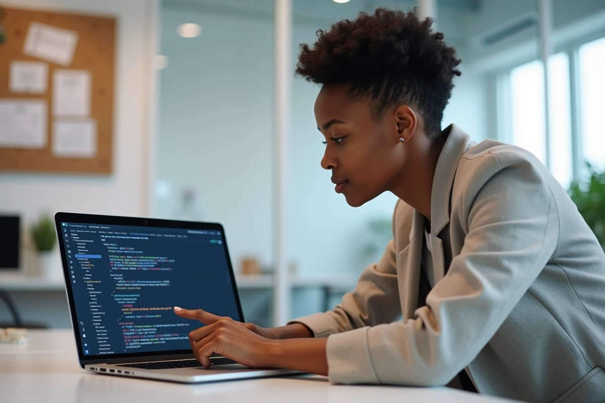 Designer UX analysant le positionnement absolu CSS pour des menus déroulants sur son laptop en open space
