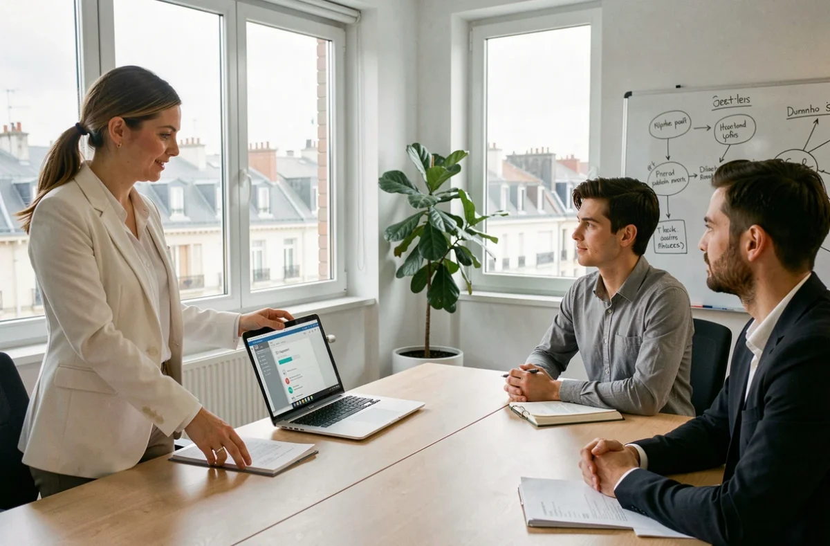 Consultante IT de Value IT présentant une solution informatique à une PME lyonnaise lors d'une réunion de travail