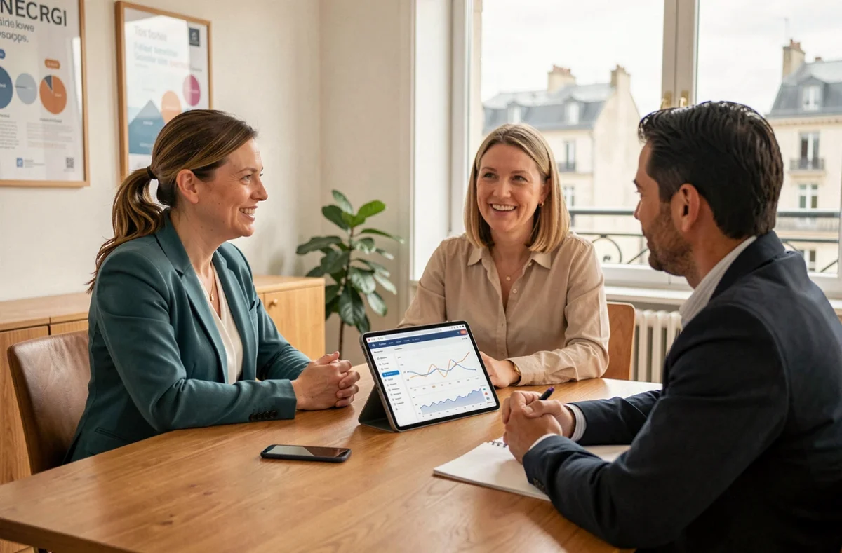 Consultante en stratégie digitale de Verdi Auvergne-Rhône-Alpes présentant un accompagnement web à des clients lors d'une réunion