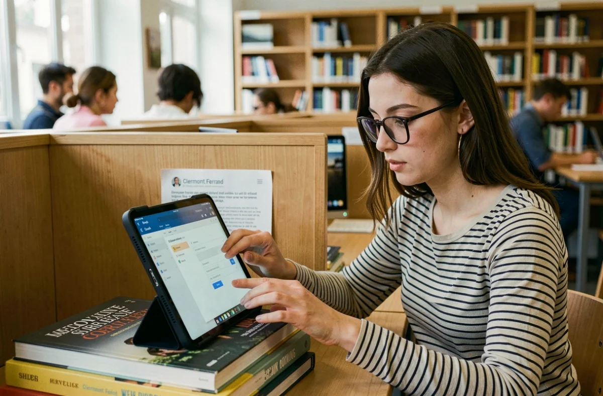 Étudiante accédant à sa messagerie webmail universitaire sur tablette dans une bibliothèque à Clermont-Ferrand
