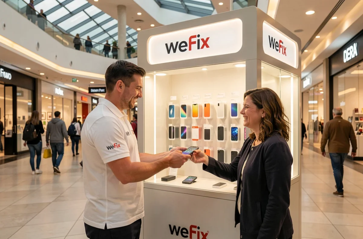 Kiosque WeFix dans un centre commercial du Val-d'Oise avec un technicien remettant un smartphone réparé à une cliente soulagée