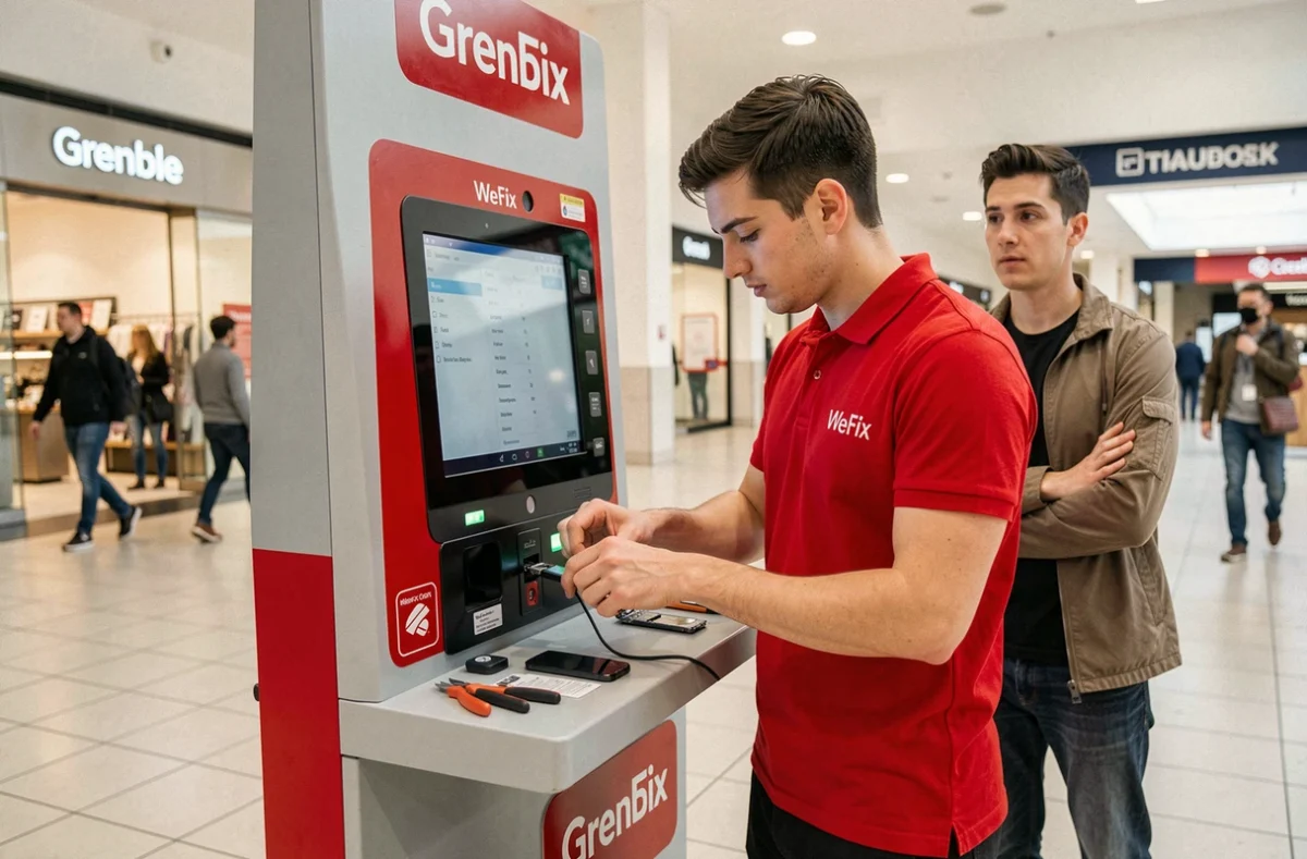 Technicien WeFix Grenoble effectuant une réparation express de smartphone à un kiosque en centre commercial