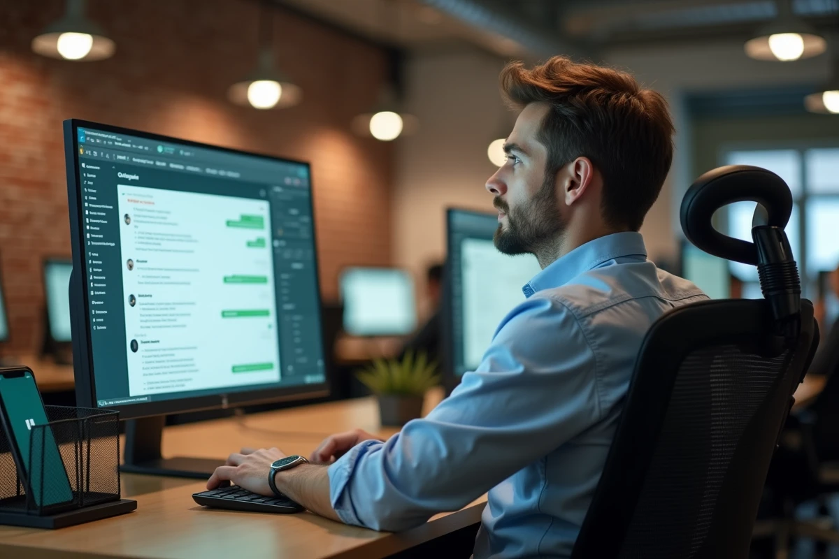 Homme consultant WhatsApp Web sur un grand écran de bureau dans un espace de coworking, son téléphone rangé et éteint