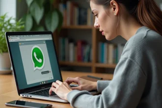 Femme utilisant WhatsApp Web sur un ordinateur portable sans garder son smartphone allumé, dans un bureau à domicile moderne