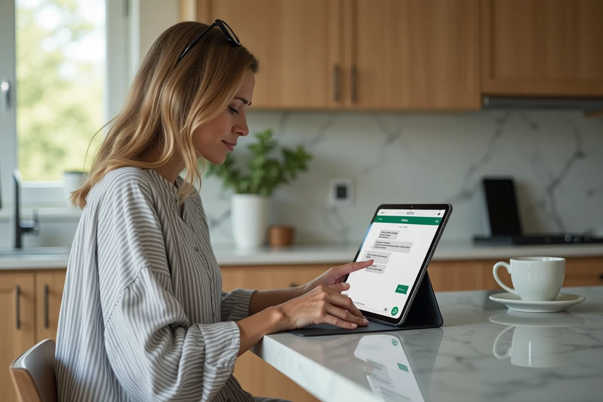 Femme utilisant WhatsApp Web sur une tablette dans une cuisine moderne, avec son iPhone en charge à distance dans le fond