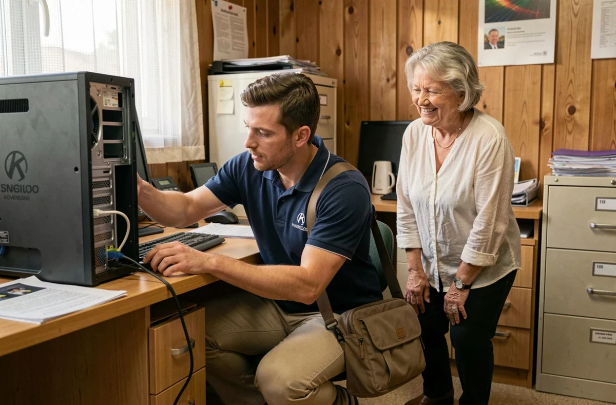 Technicien de XEFI Advanced Auvergne intervenant chez une TPE locale pour une assistance informatique de proximité